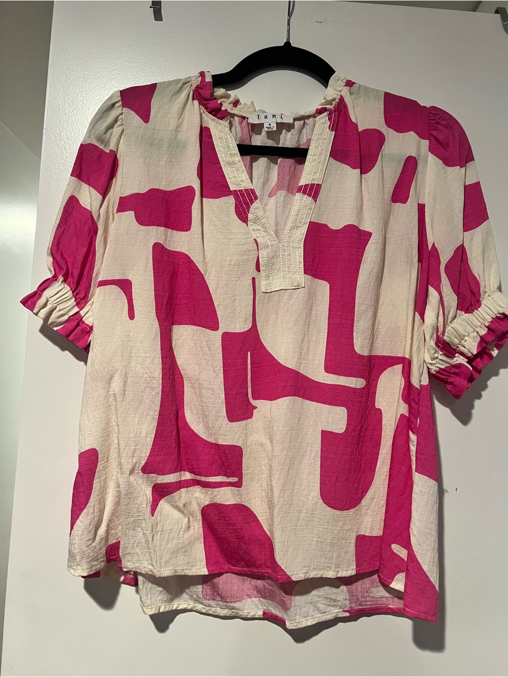 THML Cream and Pink Abstract Ruffle Neck Blouse